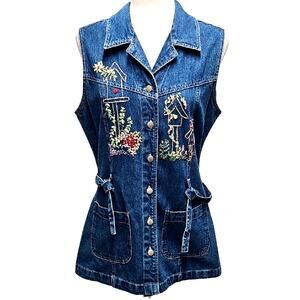Vintage Tangibles Upcycled Floral Two Sided Embroidered Button Up Denim Vest - L